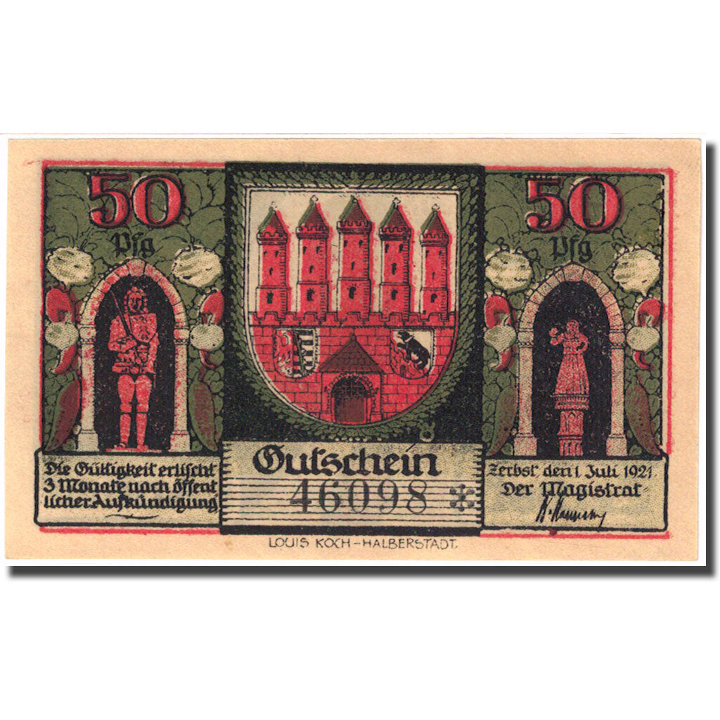 Geldschein, Deutschland, Zerbst, 50 Pfennig, château 1, 1921 UNZ- Mehl:1469.2a