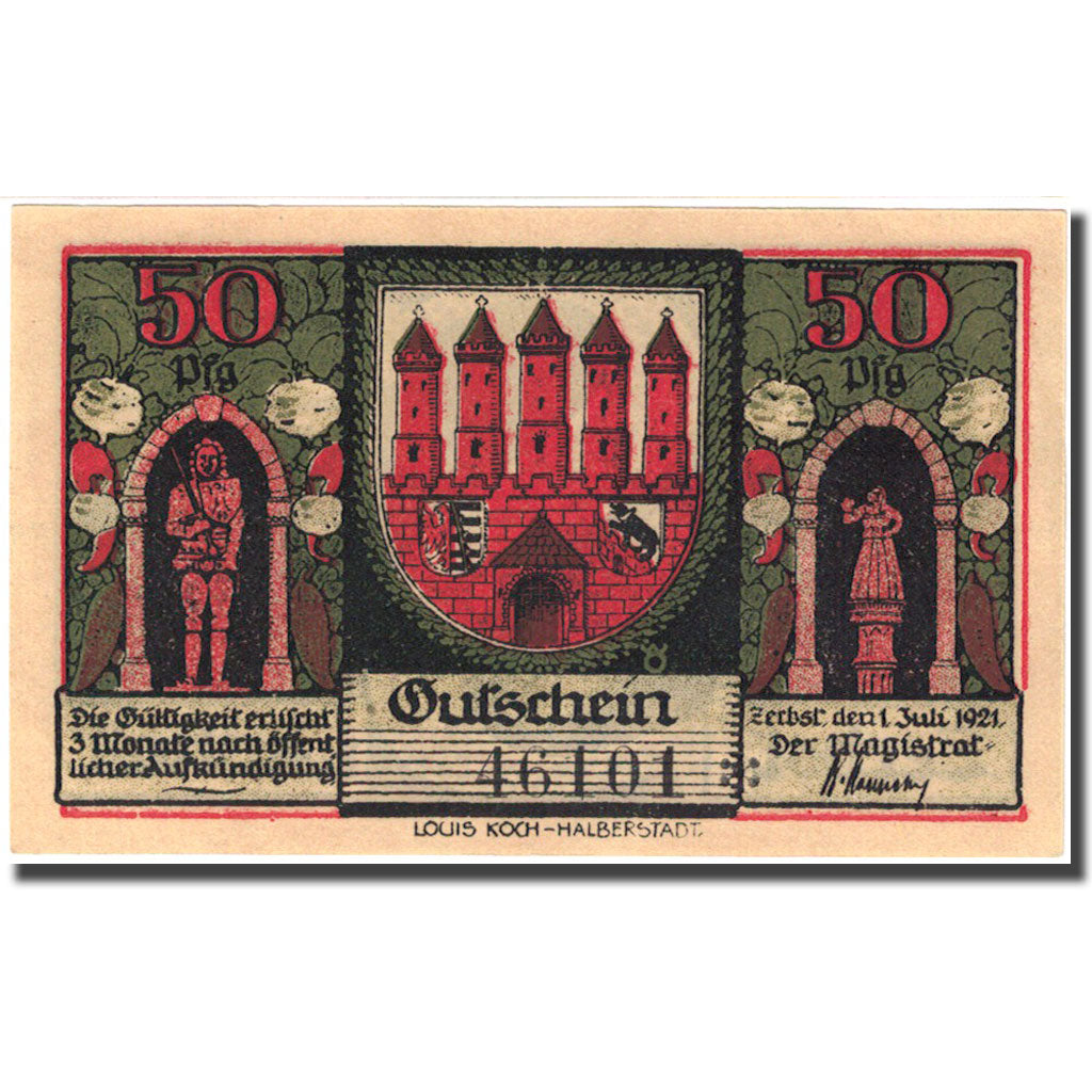 Banknote, Germany, Zerbst, 50 Pfennig, château 3, 1921 UNC(63) Mehl:1469.2a