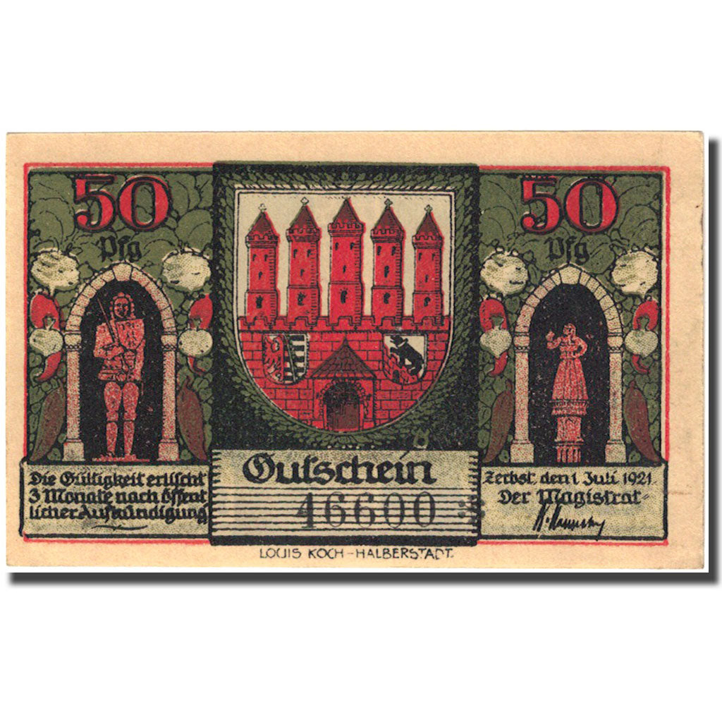 Banknote, Germany, Zerbst, 50 Pfennig, château 4, 1921 UNC(63) Mehl:1469.2a