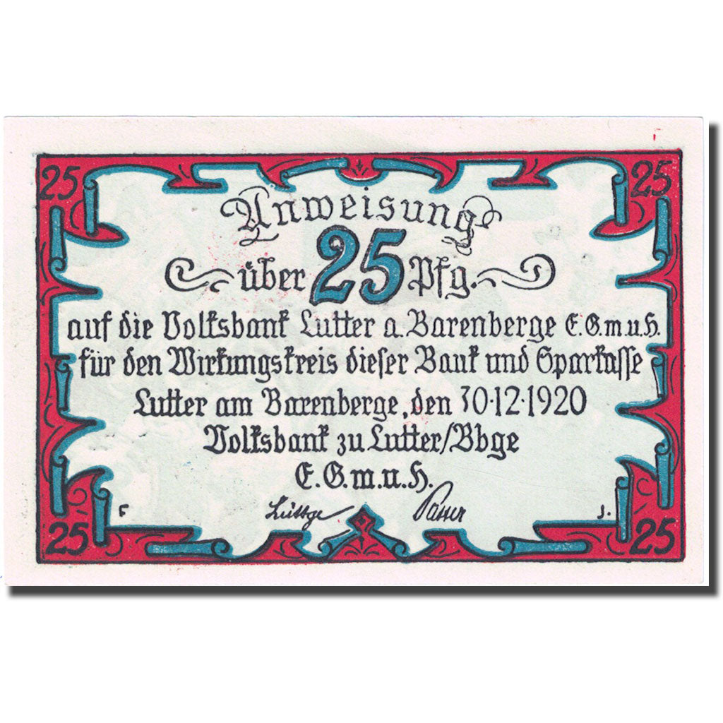 Banknote, Germany, Lutter, 25 Pfennig, personnage, 1920 UNC(63) Mehl:847.1