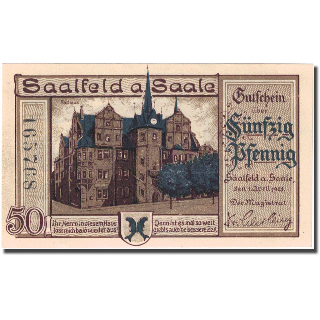 Banknote, Germany, Saalfeld, 50 Pfennig, château, 1921 UNC(63) Mehl:1155.1a
