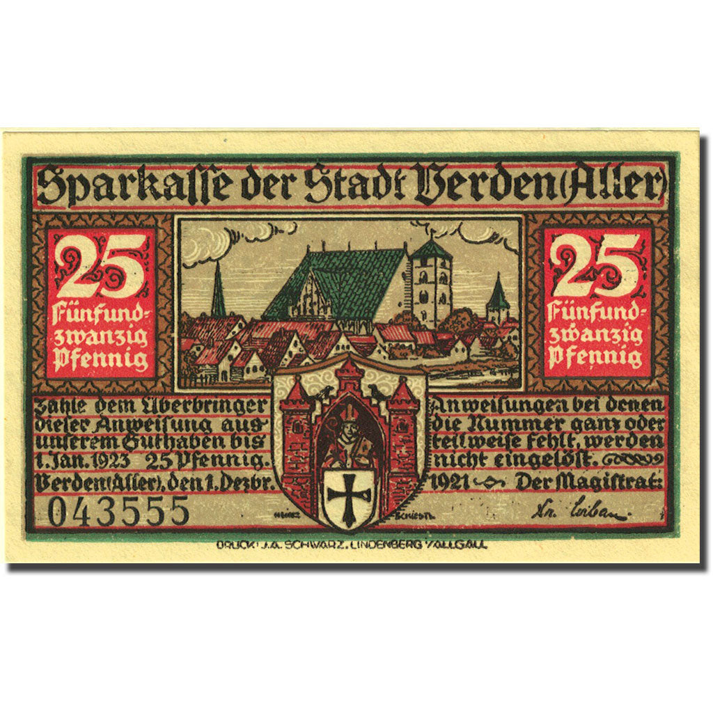 Banknote, Germany, Verden, 25 Pfennig, personnage, 1921 UNC(63) Mehl:1360.1