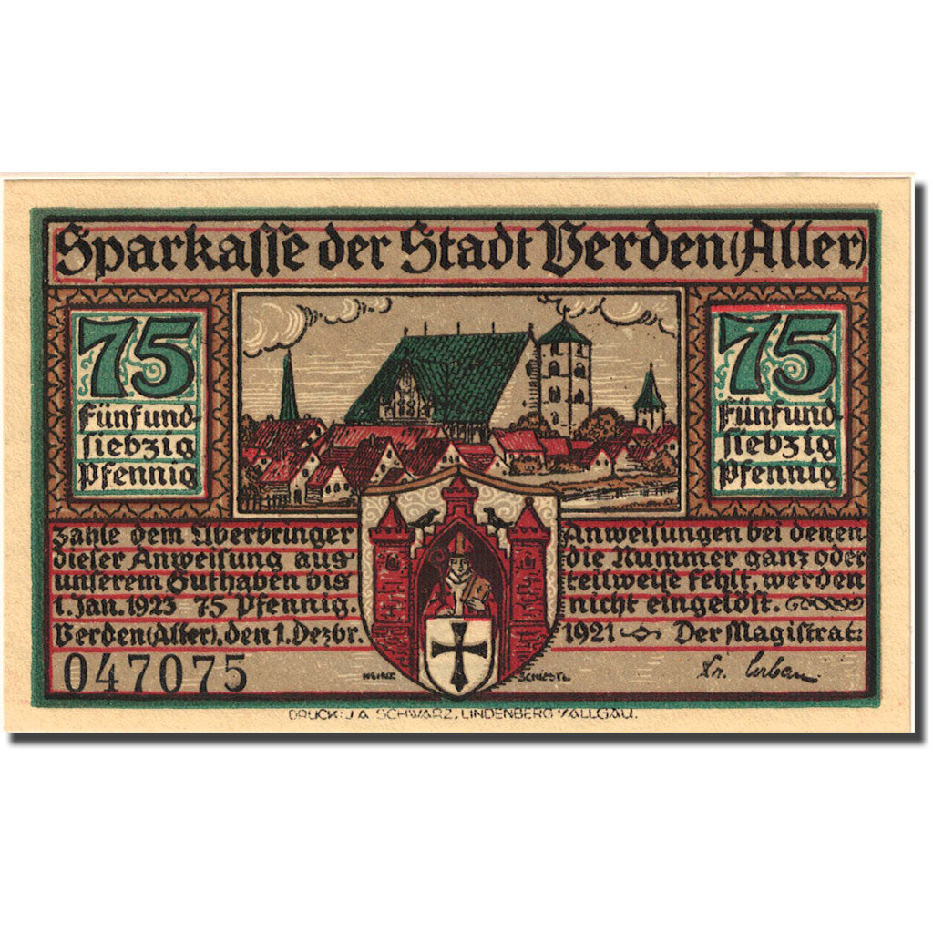 Billet, Allemagne, Verden, 75 Pfennig, personnage 2, 1921 SPL Mehl:1360.1