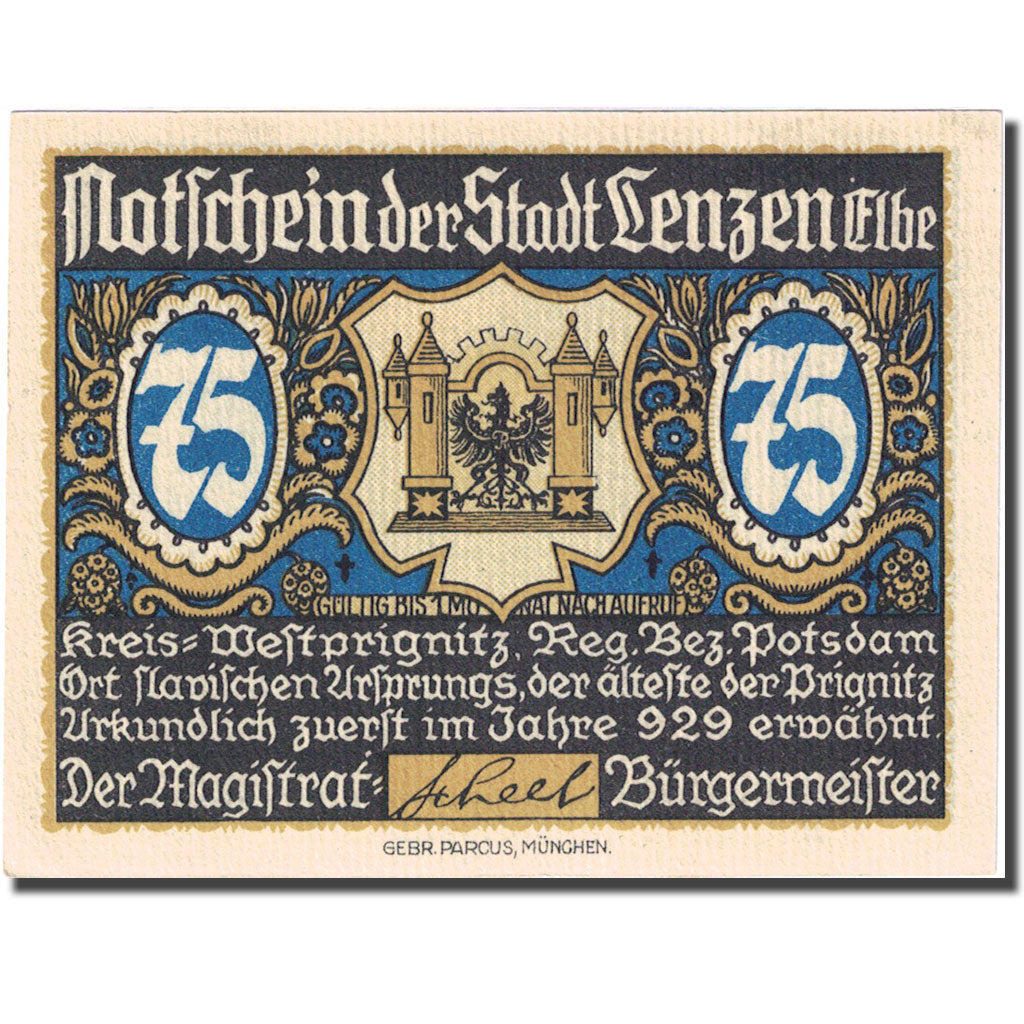 Banconote, Germania, Lenzen, 75 Pfennig, personnage, 1922, SPL, Mehl:792.1
