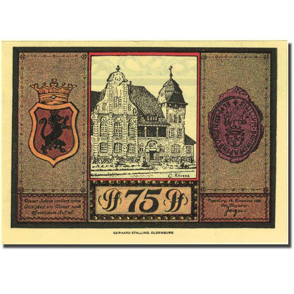 Banknote, Germany, Papenburg, 75 Pfennig, bateau, 1921 UNC(63) Mehl:1044.2