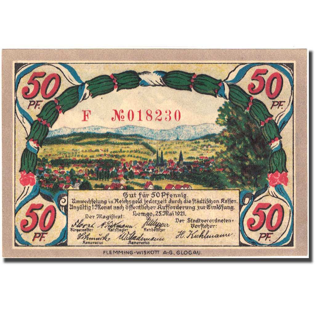 Banknote, Germany, Lemgo, 50 Pfennig, paysage, 1921 UNC(60-62) Mehl:789.3