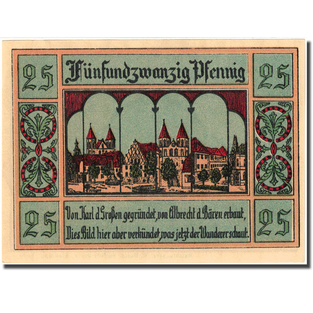 Banknote, Germany, Aken, 25 Pfennig, château, 1921, UNC(60-62), Mehl:8.2a