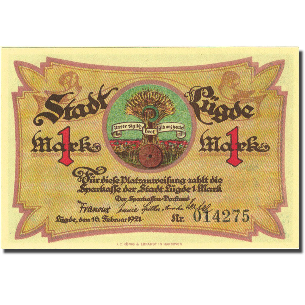 Banconote, Germania, Lugde, 1 Mark, Incendie, 1921, 1921-02-16, SPL, Mehl:838.1