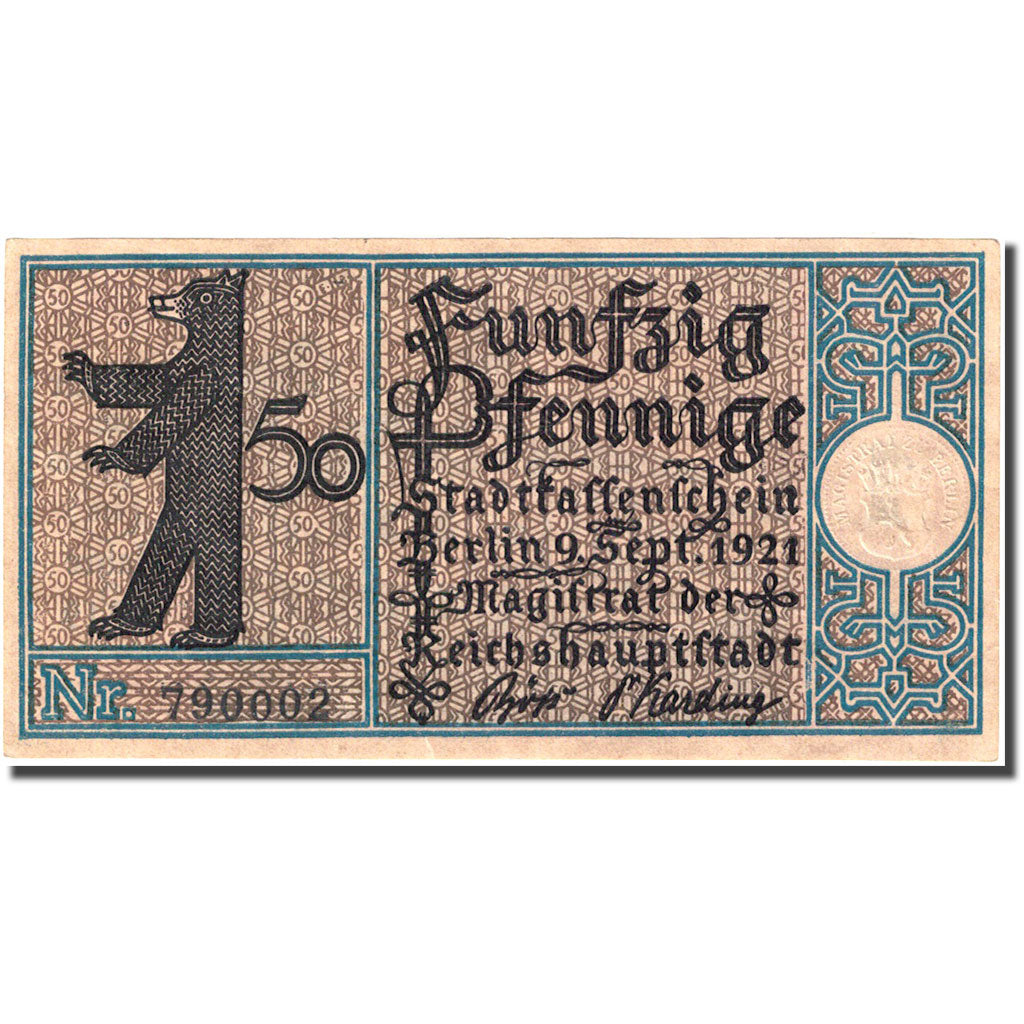 Nota, Alemanha, Berlin, 50 Pfennig, mairie 1921-09-09 AU(55-58) Mehl:92.1