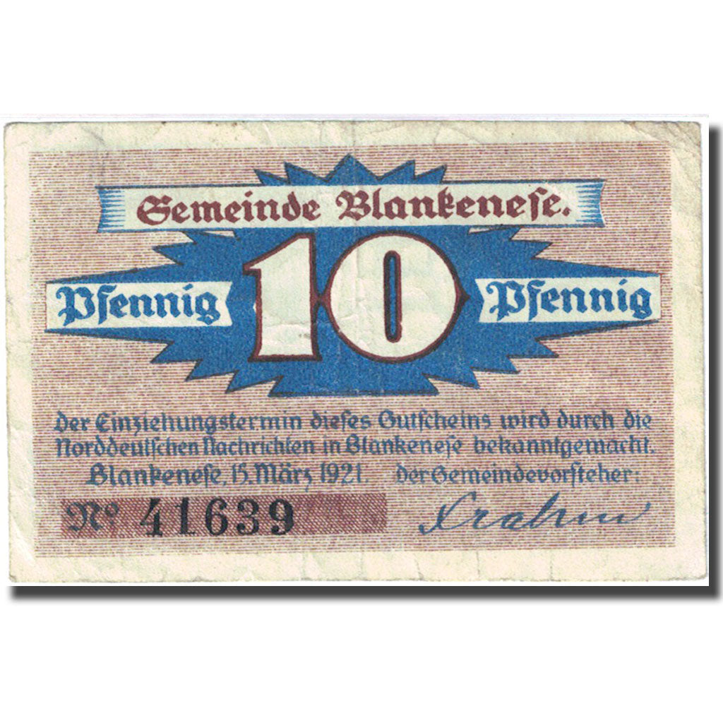 Biljet, Duitsland, Blankenese, 10 Pfennig, bateau, 1921 TB Mehl:115.1a