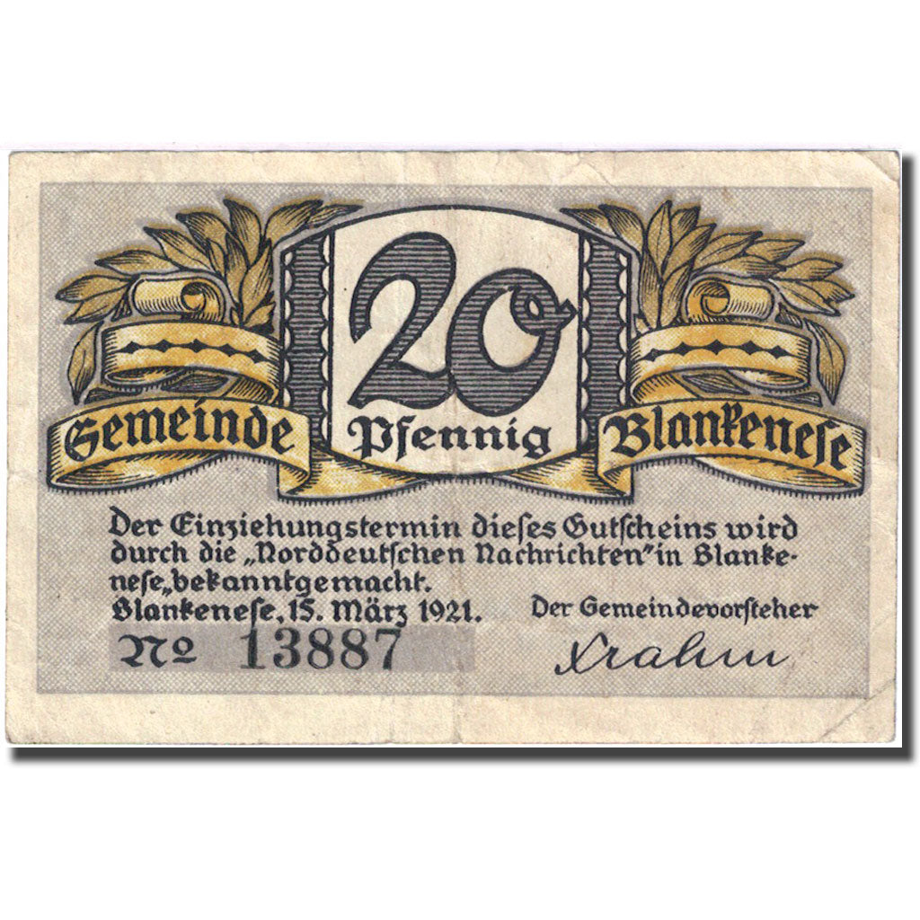 Banconote, Germania, Blankenese, 20 Pfennig, paysage, 1921 MB Mehl:115.2