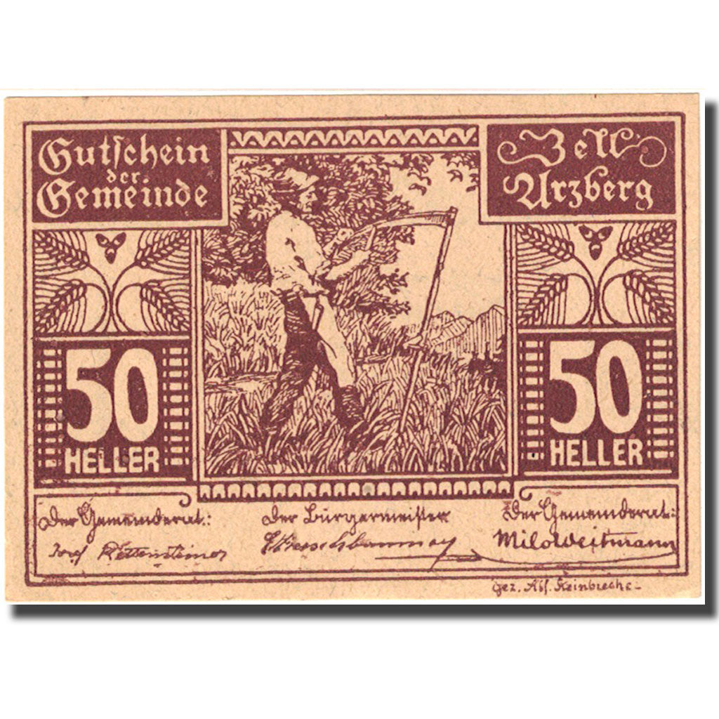 Nota, Áustria, Zell Urzberg 50 Heller 1920 UNC(64) brown Mehl:FS1273a