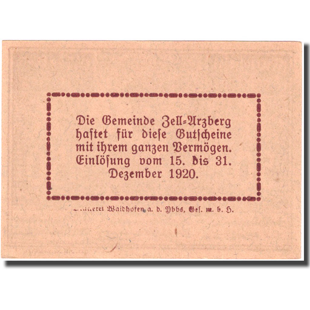Nota, Áustria, Zell Urzberg 50 Heller 1920 UNC(64) brown Mehl:FS1273a