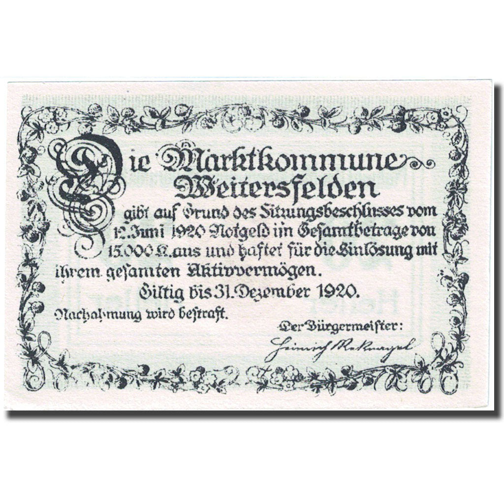Banconote, Austria, Weitersfelden, 20 Heller, Blason, 1920 SPL Mehl:FS 1164a
