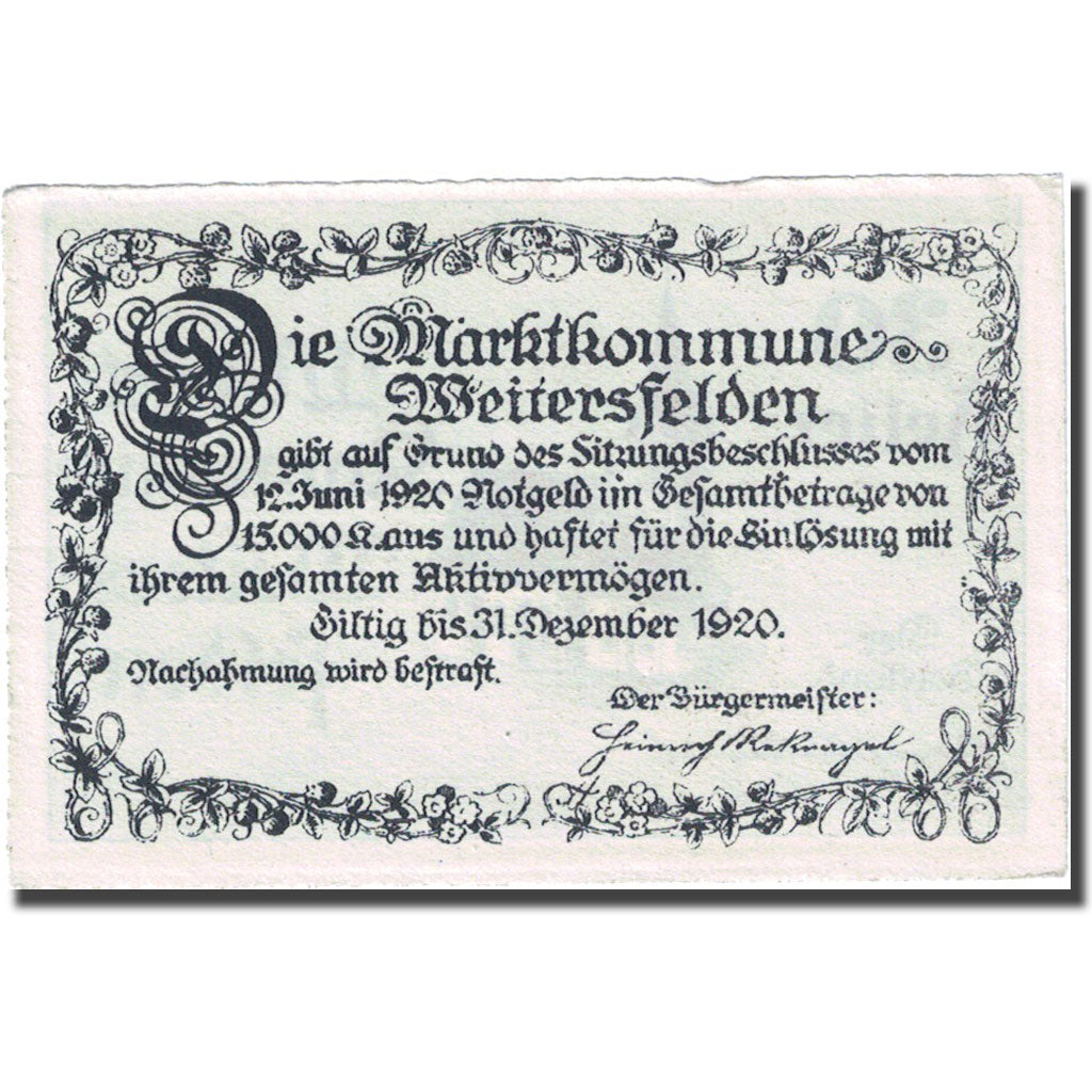 Banconote, Austria, Weitersfelden, 30 Heller, Eglise, 1920 BB Mehl:FS 1164a