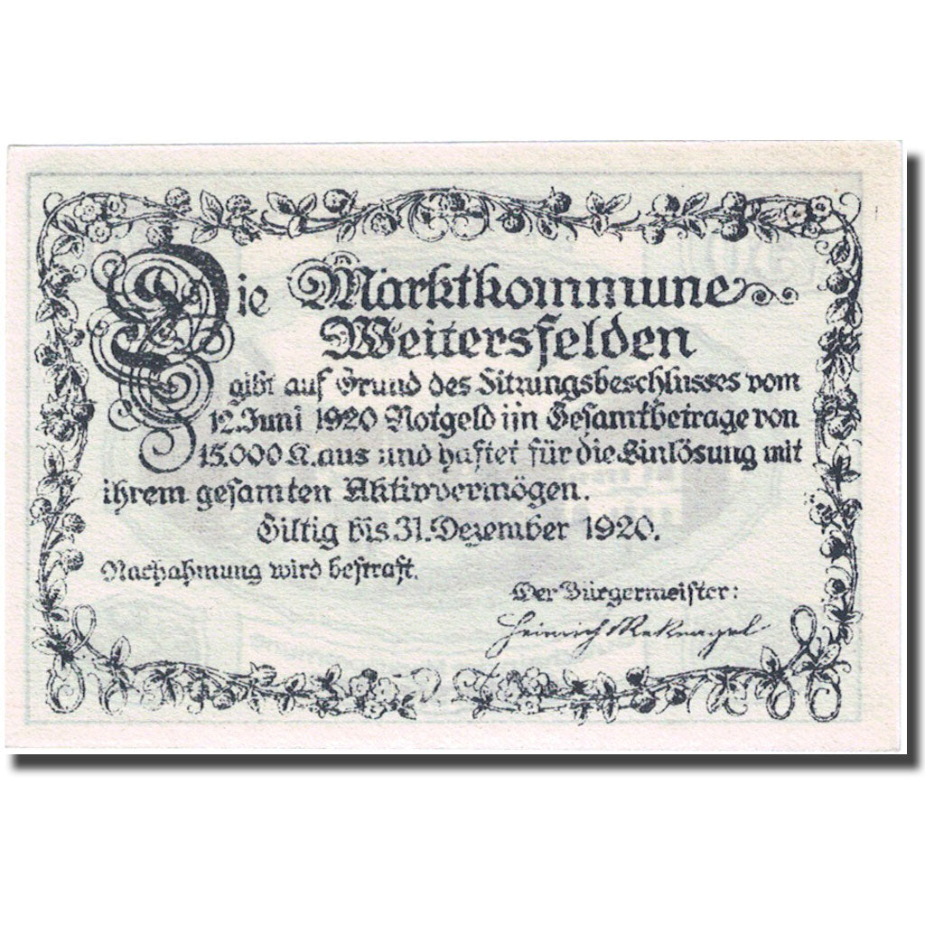 Banconote, Austria, Weitersfelden, 50 Heller, village, 1920 SPL Mehl:FS 1164a