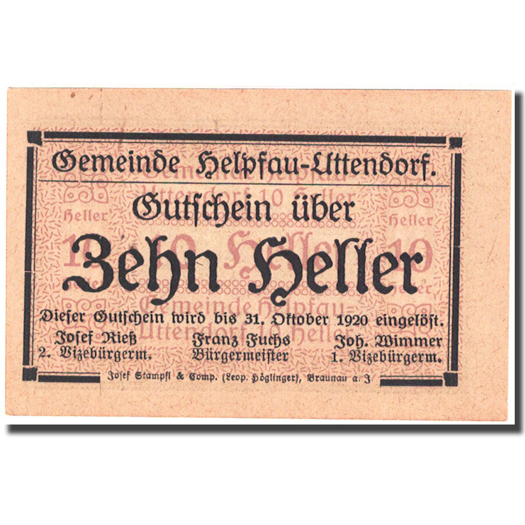 Banconote, Austria, Helpfau, 10 Heller, village, 1920 SPL Mehl:3651a