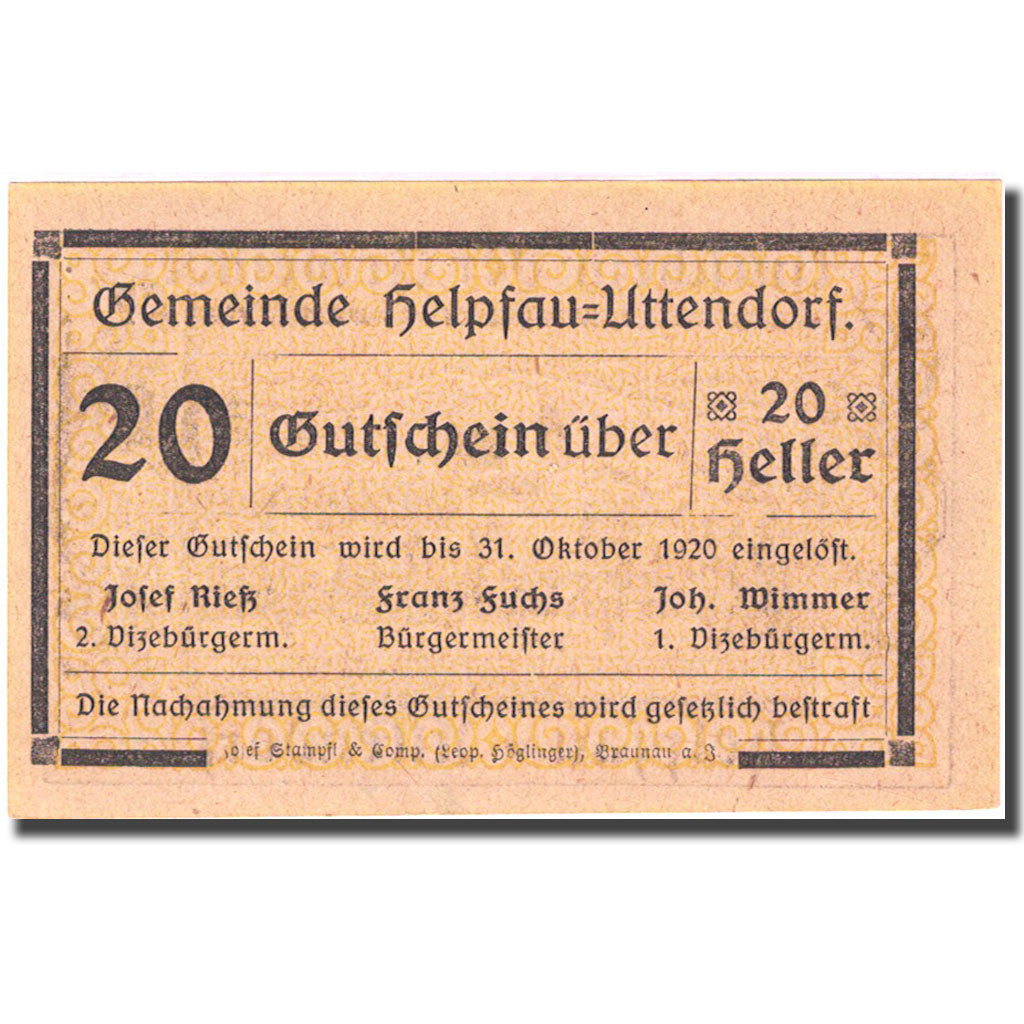 Banconote, Austria, Helpfau, 20 Heller, village, 1920 SPL+ yellow Mehl:FS 3651b
