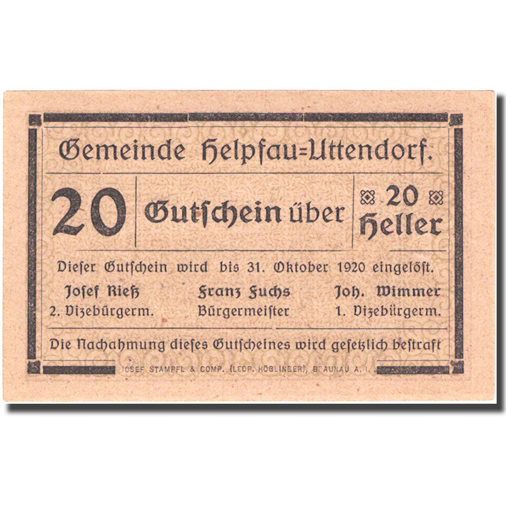 Biljet, Oostenrijk, Helpfau 20 Heller, village 1, 1920 SPL green Mehl:FS 3651a