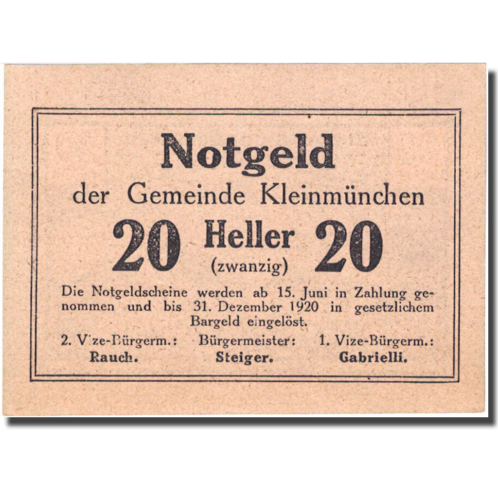 Banknote, Austria, Kleinmünchen, 20 Heller, Eglise, 1920 UNC(63) Mehl:FS 456a