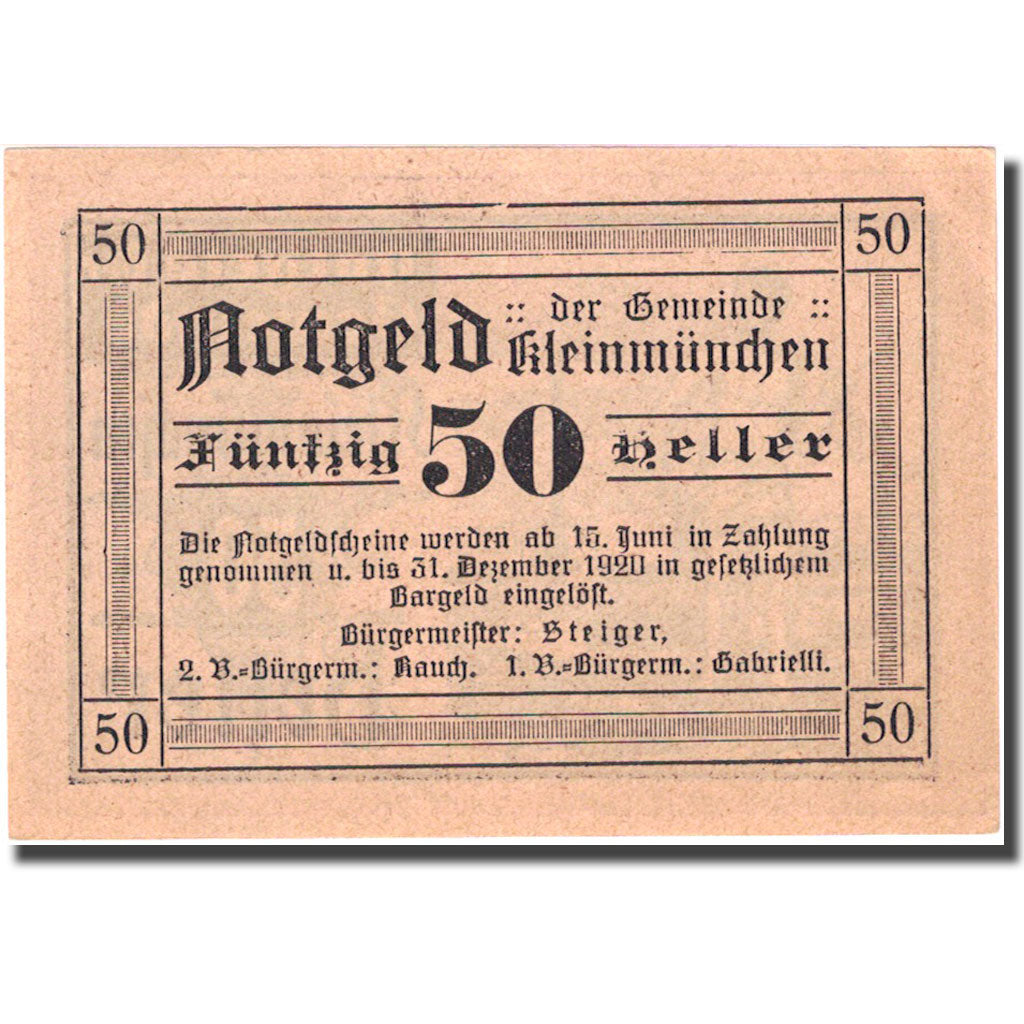 Geldschein, Österreich, Kleinmünchen, 50 Heller personnage 1920 UNZ Mehl:FS 456a