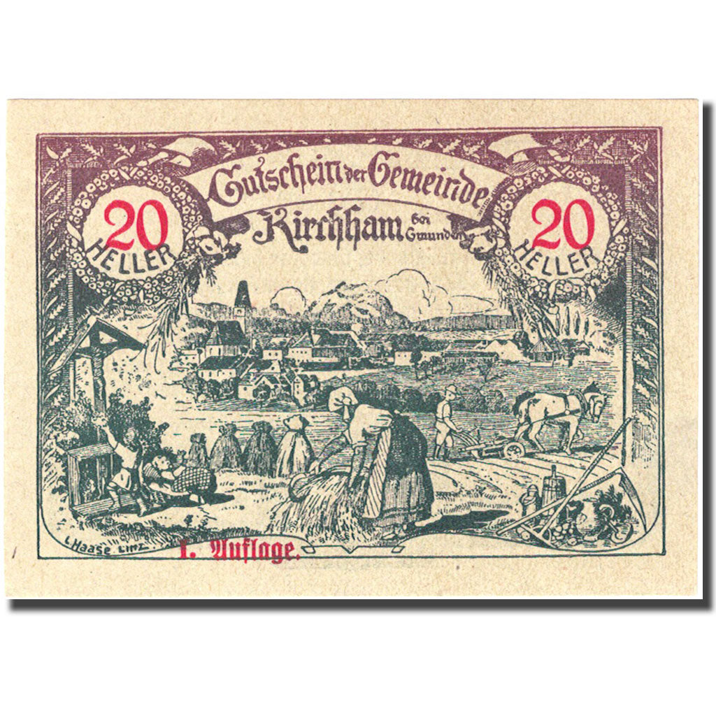 Banconote, Austria, Kirchham, 20 Heller, village, 1920 SPL green Mehl:FS 4461a