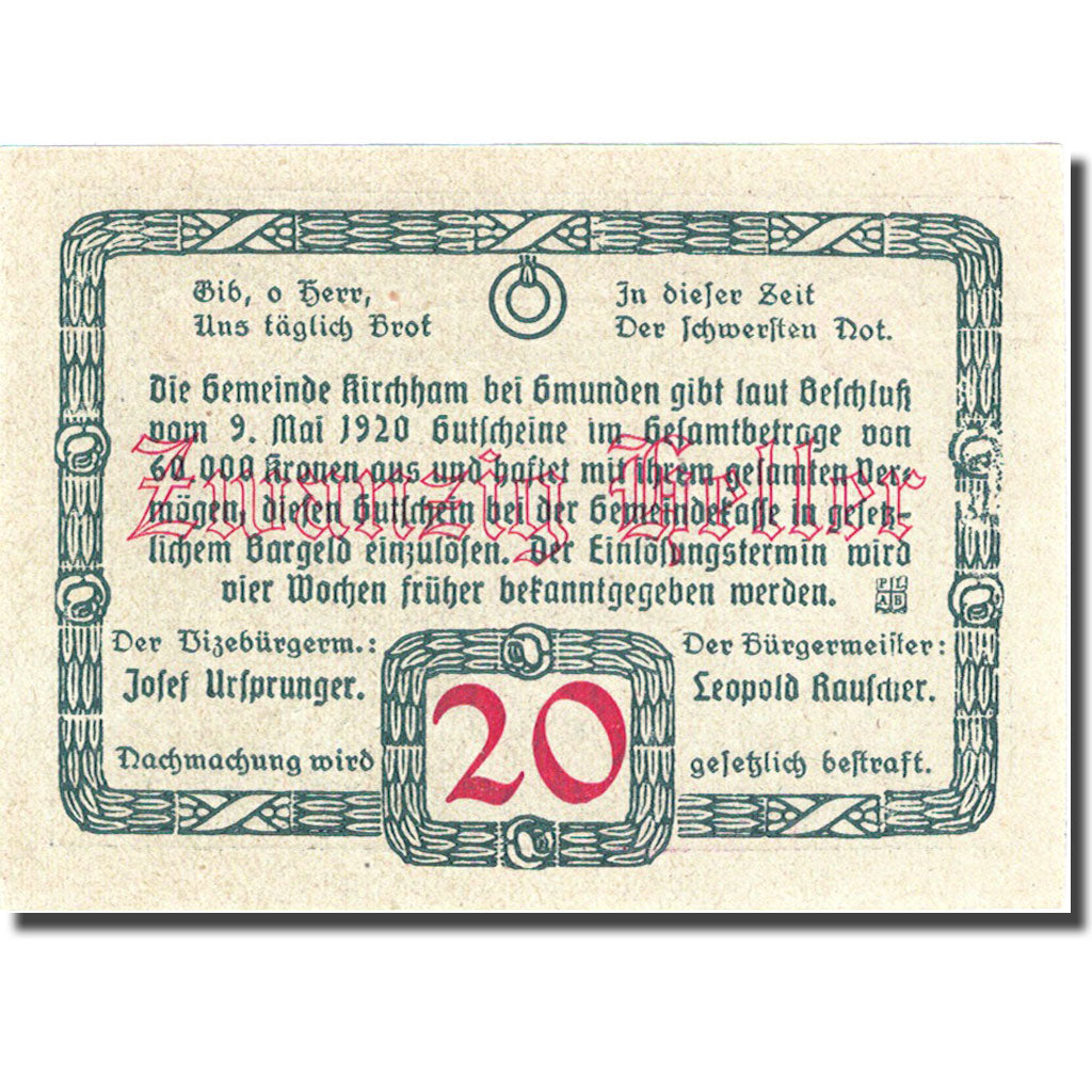 Banconote, Austria, Kirchham, 20 Heller, village, 1920 SPL green Mehl:FS 4461a