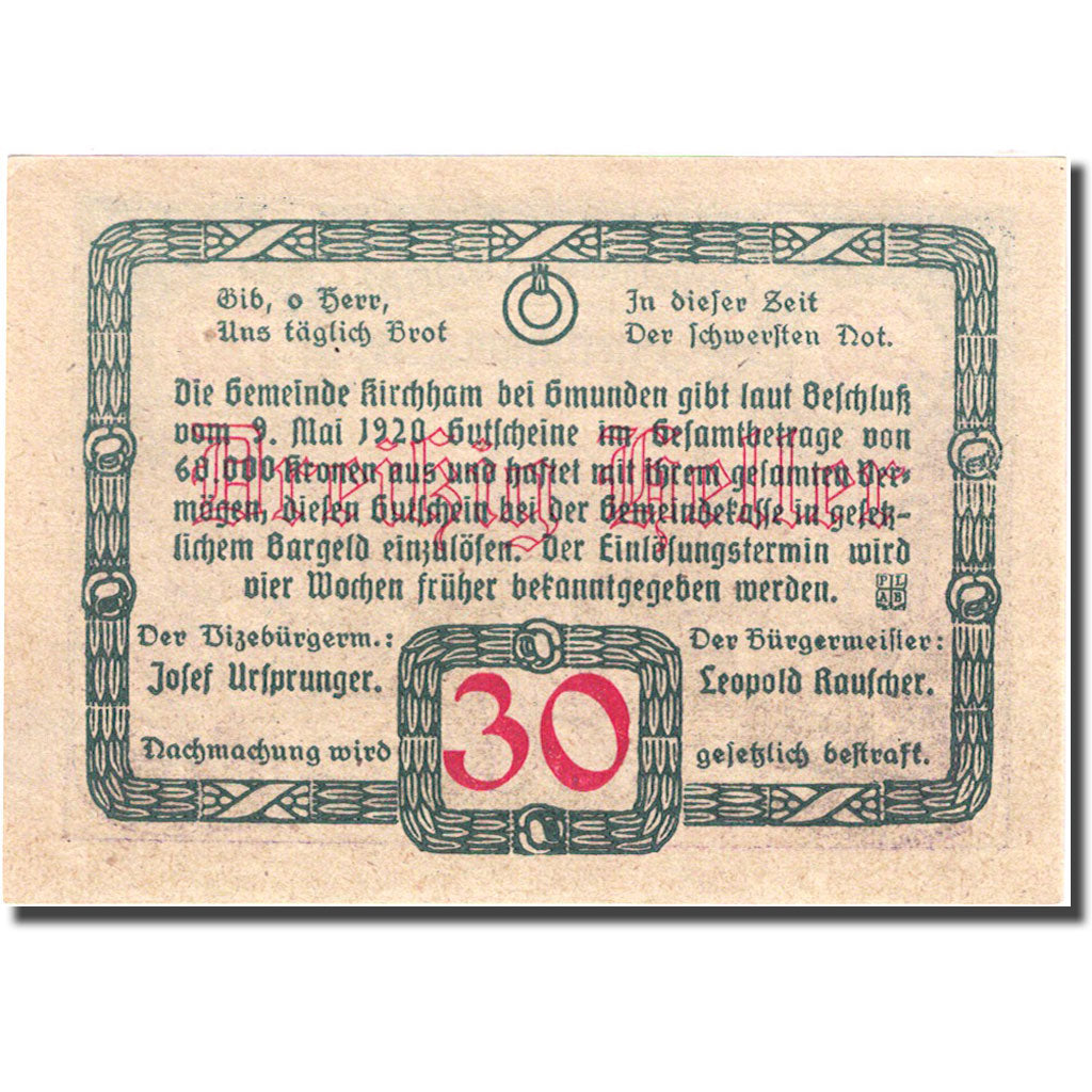 Banknot, Austria, Kirchham, 30 Heller, village 1, 1920, 1920-05-09, UNC(63)