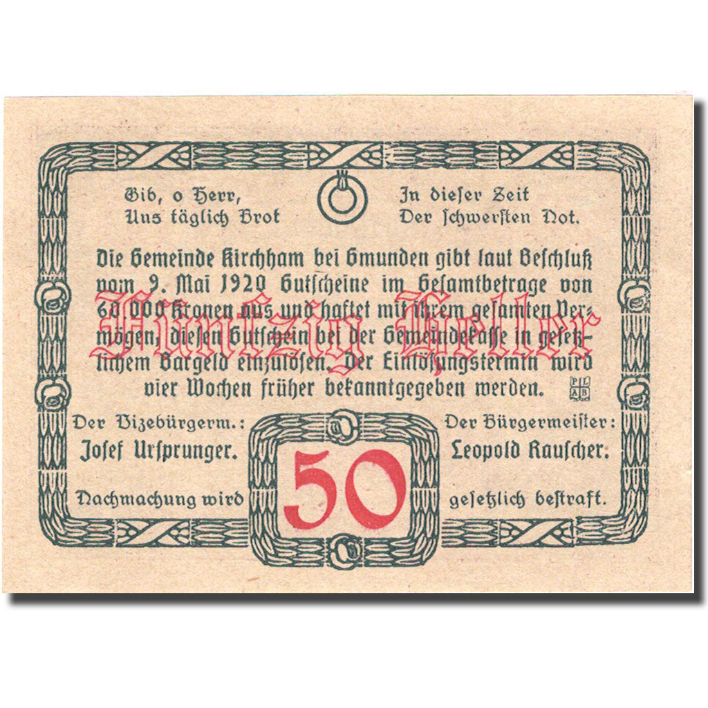 Biljet, Oostenrijk, Kirchham, 50 Heller, village 2, 1920 SPL brown Mehl:FS 4461a