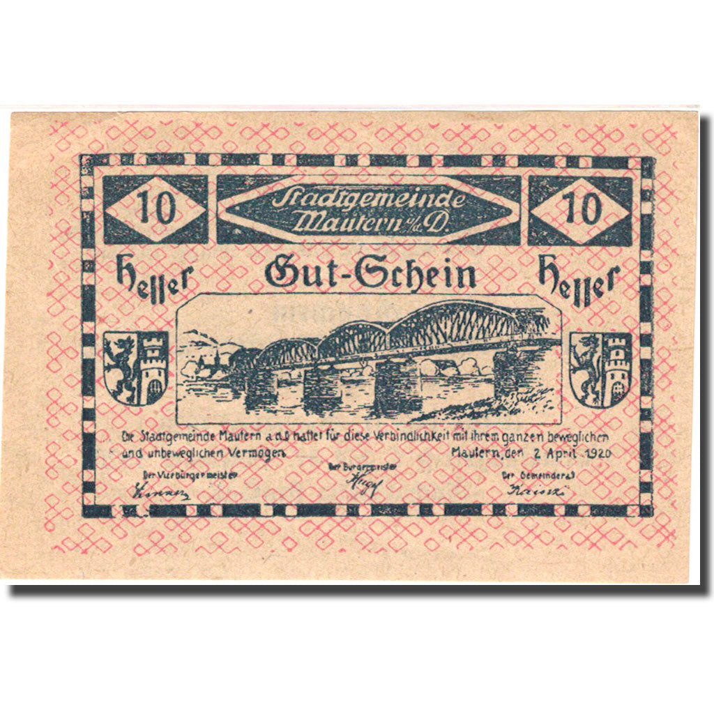Geldschein, Österreich, Mautern, 10 Heller, pont, 1920 VZ+ blau Mehl:FS 600IAF