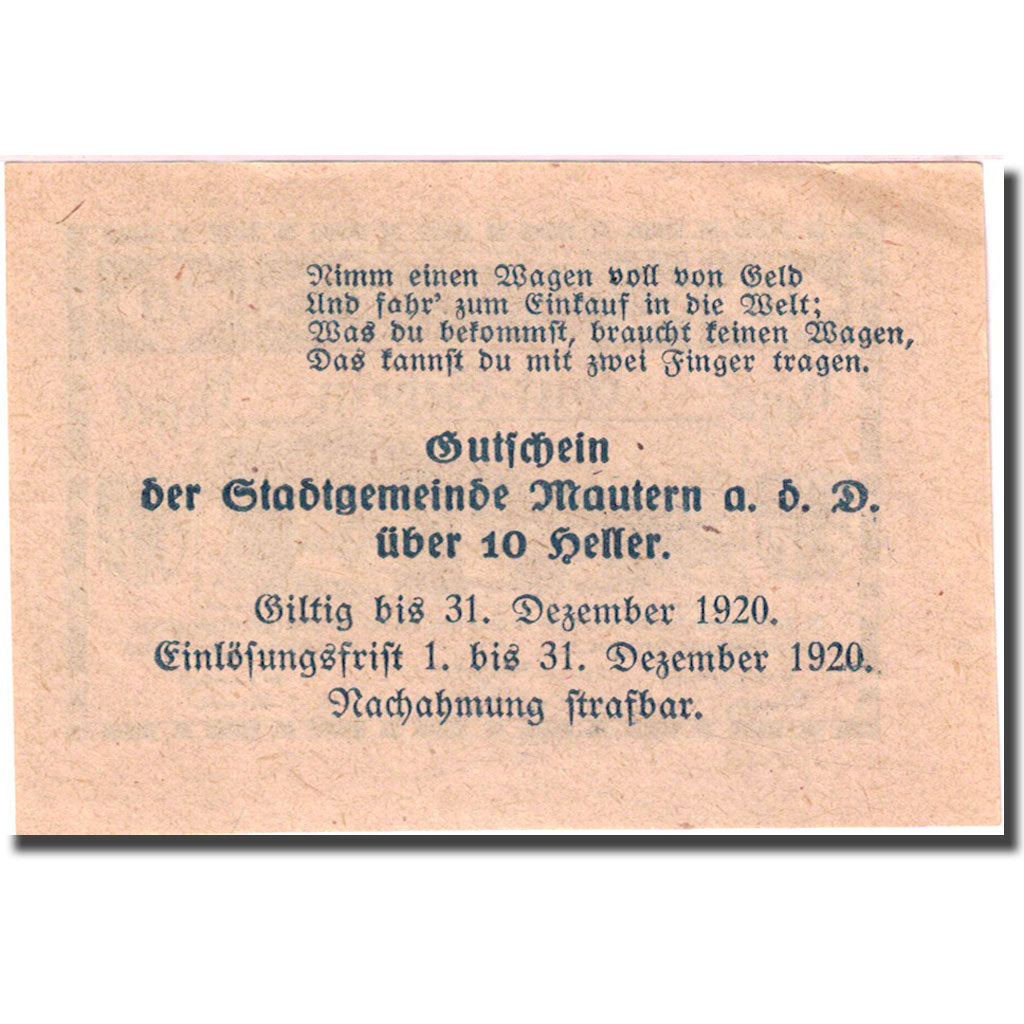 Geldschein, Österreich, Mautern, 10 Heller, pont, 1920 VZ+ blau Mehl:FS 600IAF