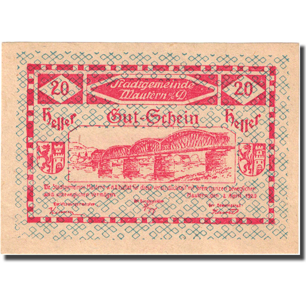 Billete, Austria, Mautern, 20 Heller, pont 1920-12-31, SC red Mehl:FS 600IB