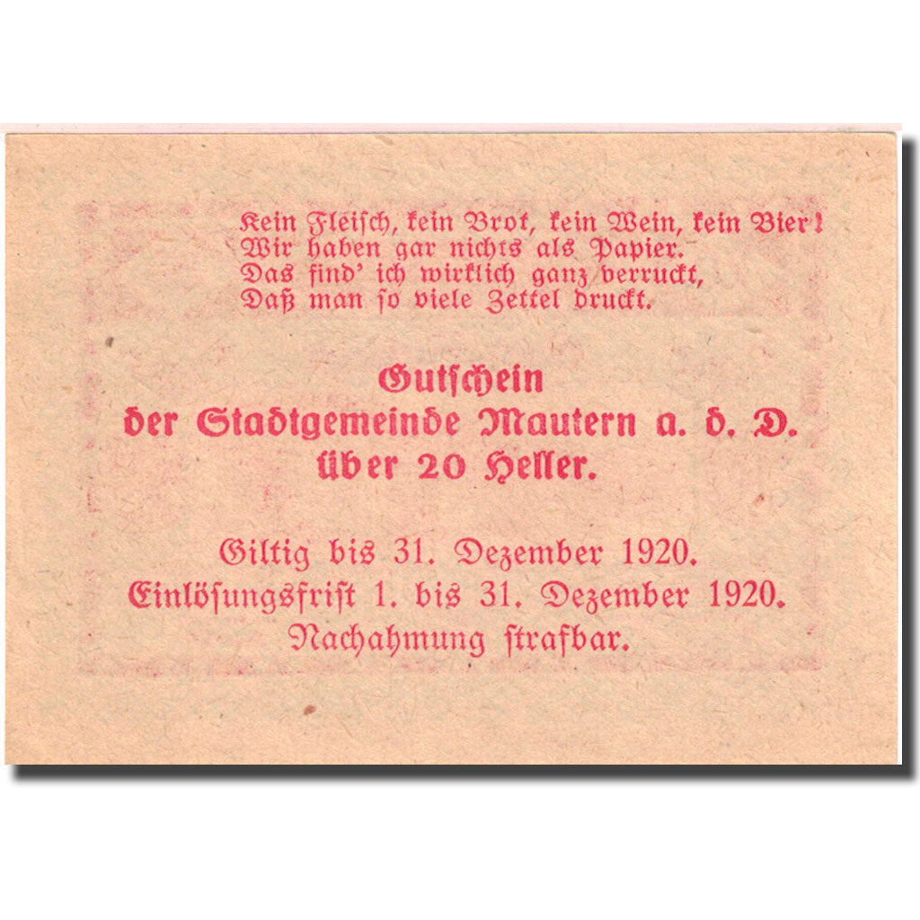 Billete, Austria, Mautern, 20 Heller, pont 1920-12-31, SC red Mehl:FS 600IB