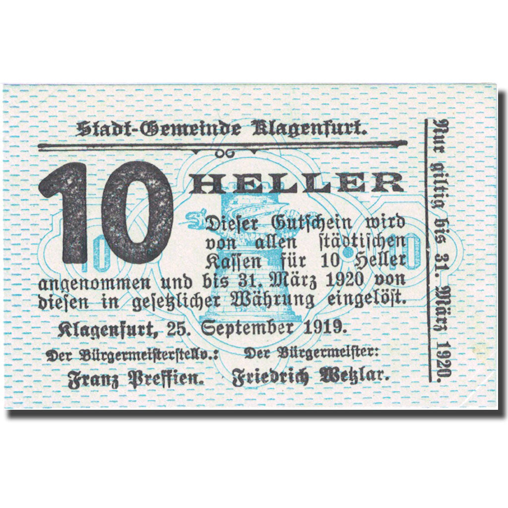 Banconote, Austria, Klagenfurt, 10 Heller, Blason, 1920 SPL Mehl:FS 451b