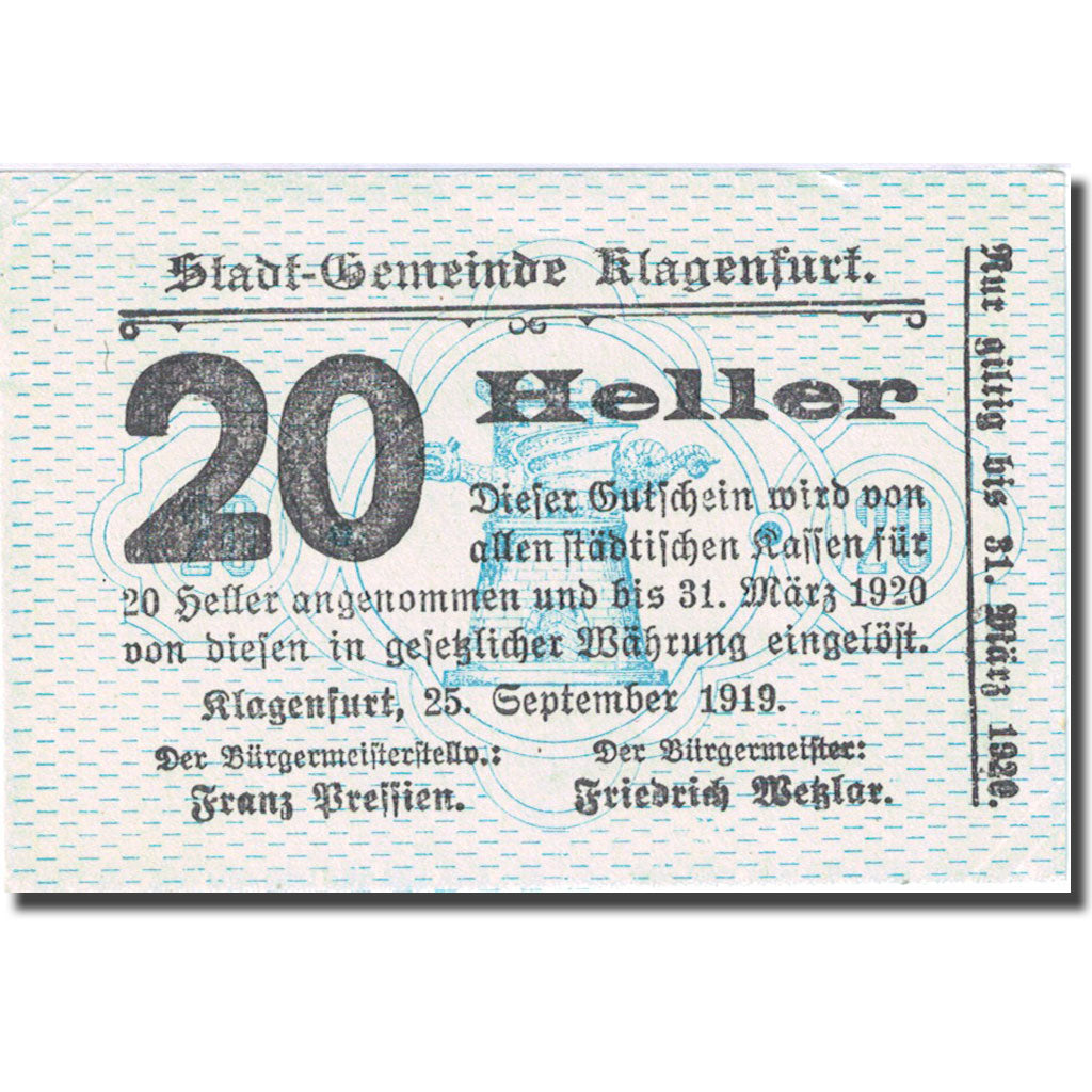 Billet, Autriche, Klagenfurt, 20 Heller, Blason 1, 1920 SUP+ Mehl:FS 451a