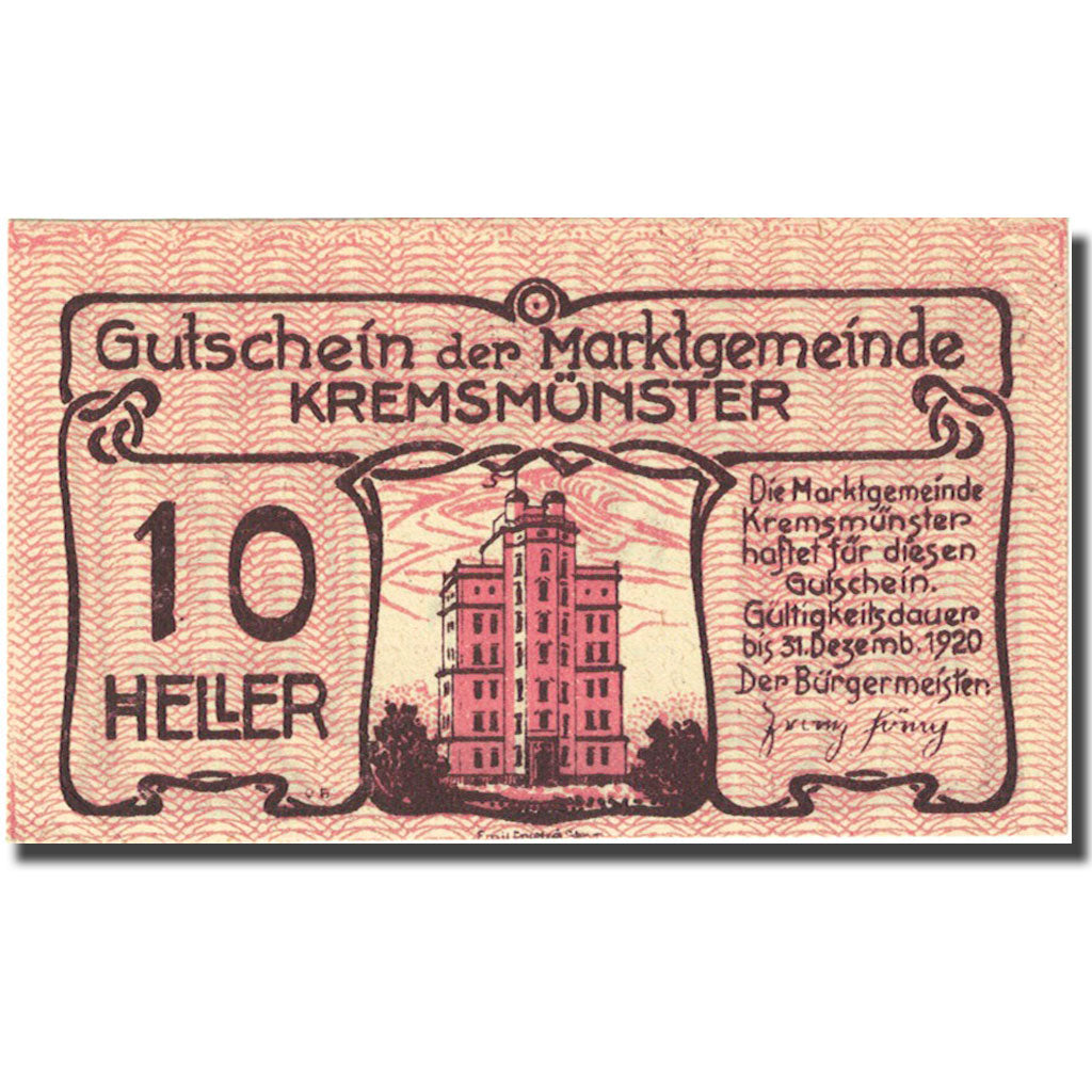 Banconote, Austria, Kremsmunster, 10 Heller Monument 1920 SPL pink Mehl:FS 4761a