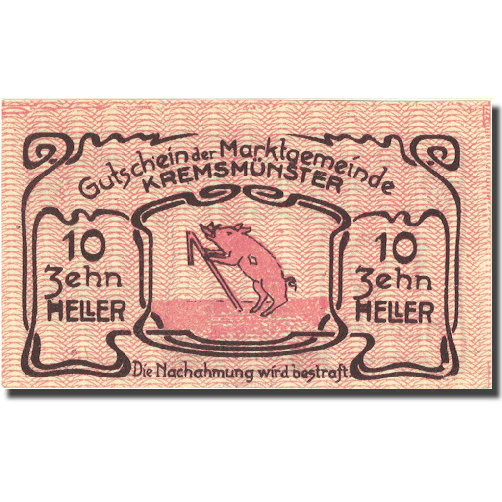 Banconote, Austria, Kremsmunster, 10 Heller Monument 1920 SPL pink Mehl:FS 4761a