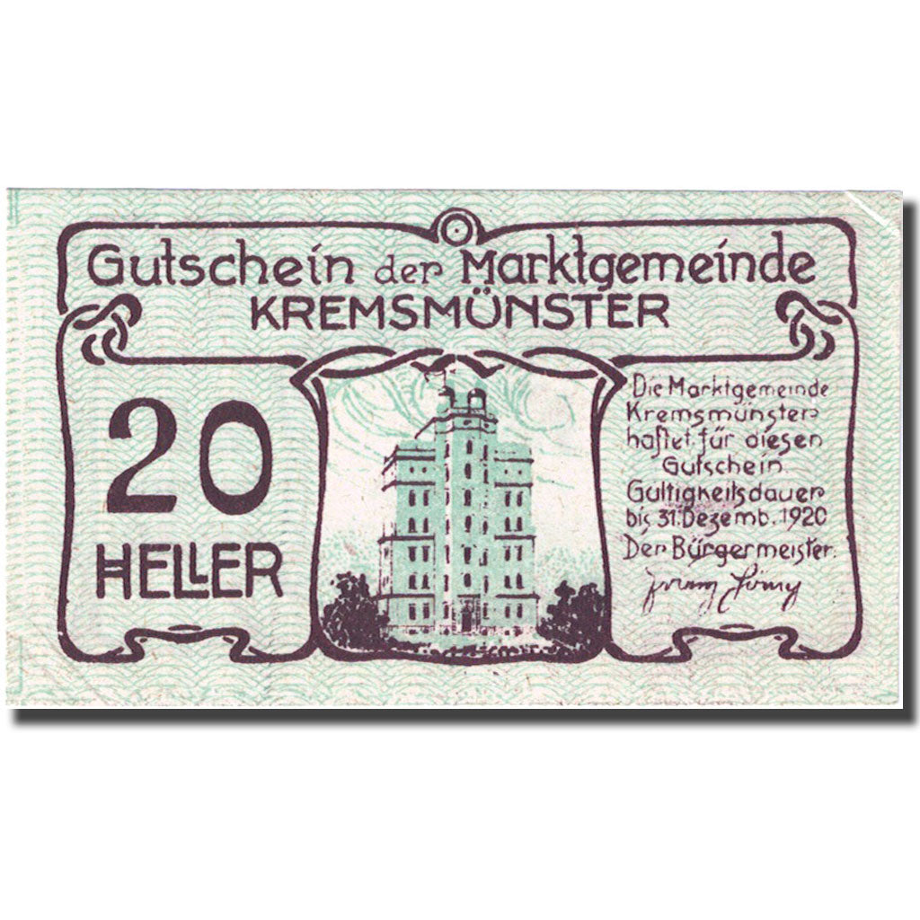 Nota, Áustria, Kremsmünster, 20 Heller 1920 AU(55-58) green Mehl:FS 476Ia