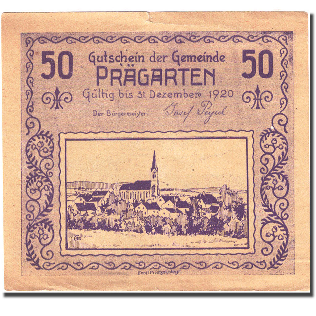 Billet, Autriche, Prägarten, 50 Heller, village, 1920 TB+ violet Mehl:FS 777a