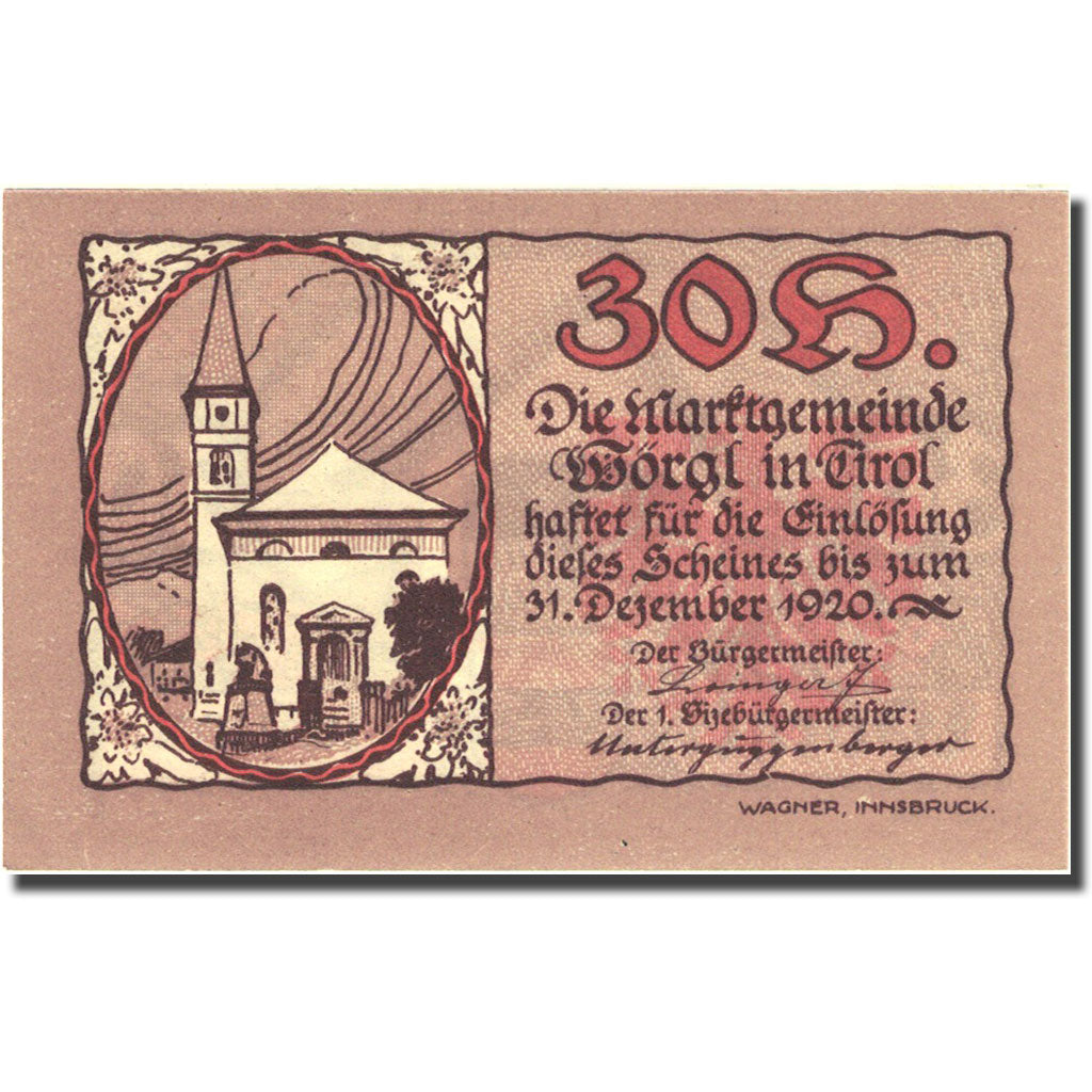 Banconote, Austria, Worgl, 30 Heller, Eglise, 1920, SPL Mehl:FS 1252a