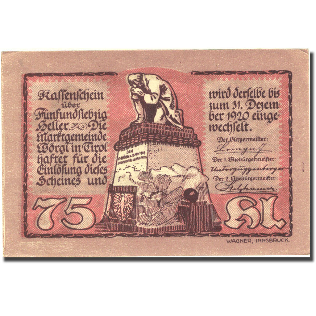 Banconote, Austria, Worgl, 75 Heller, Monument, 1920 SPL Mehl:FS 1252a