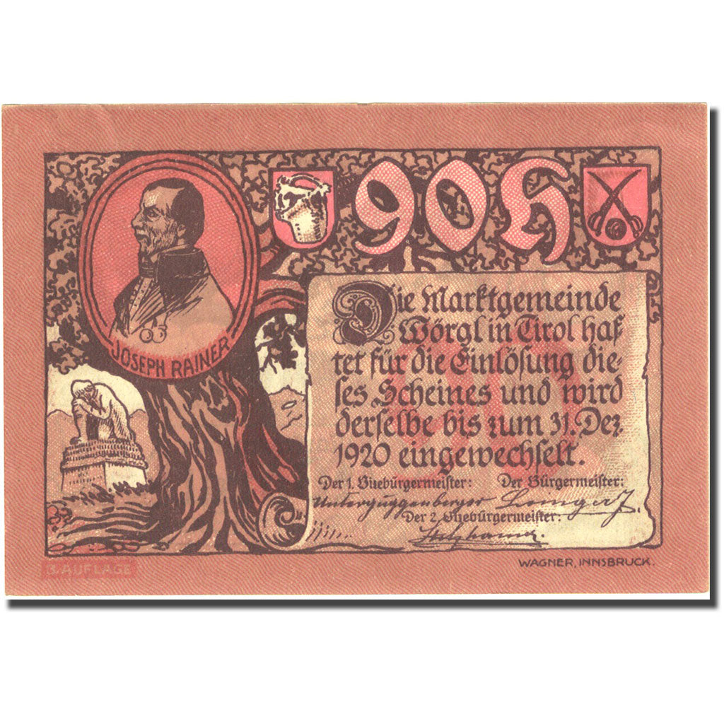 Billet, Autriche, Worgl, 90 Heller, personnage, 1920 SUP+ Mehl:FS 1252a