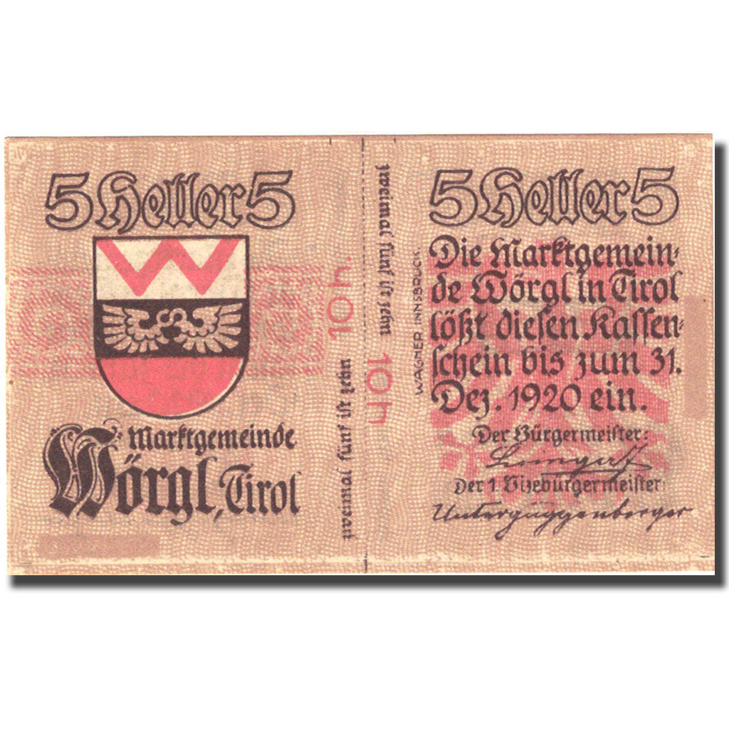 Geldschein, Österreich, Worgl, 5 Heller, Blason, 192 UNZ- Mehl:FS 1252a