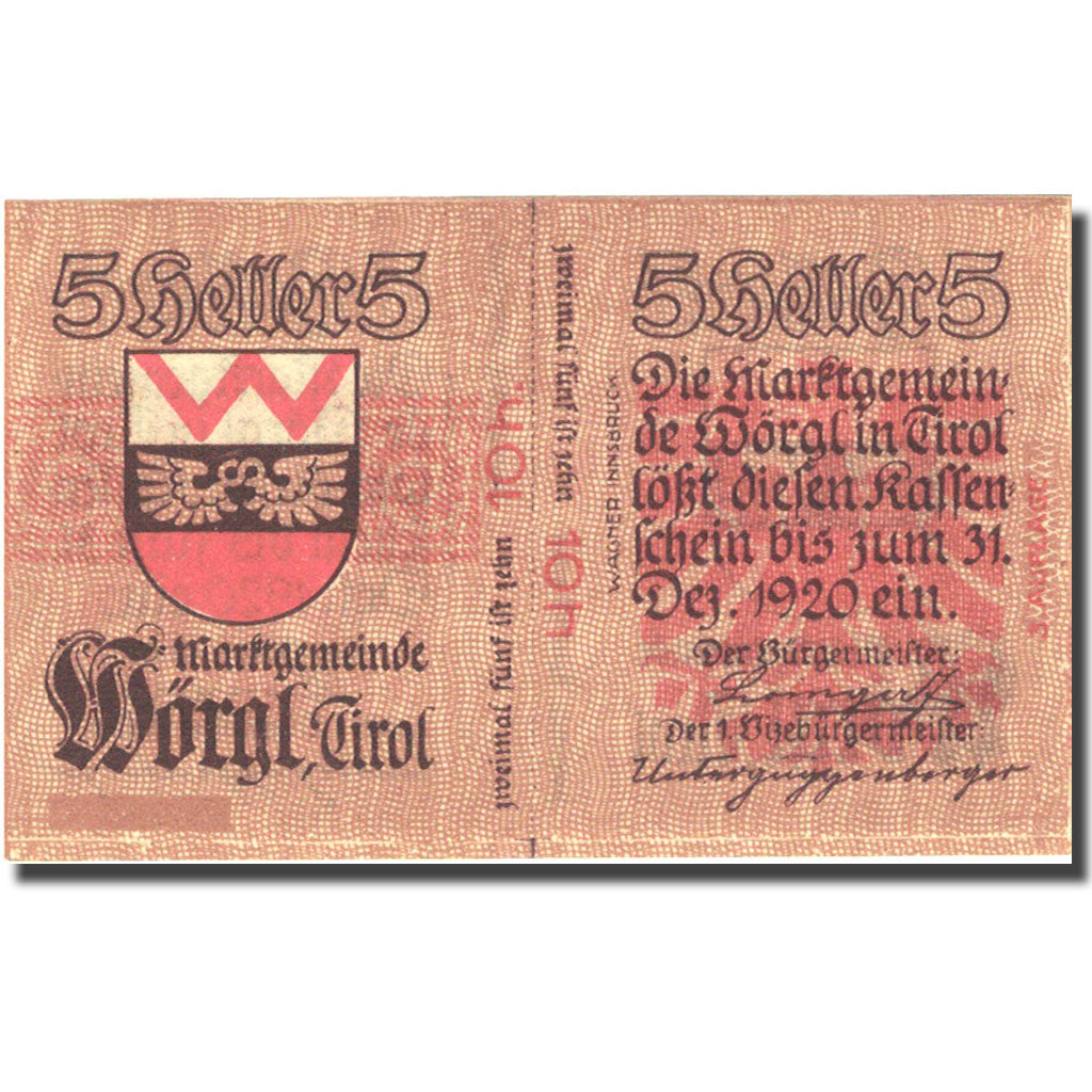 Geldschein, Österreich, Worgl, 5 Heller, Blason, 192 UNZ- Mehl:FS 1252a