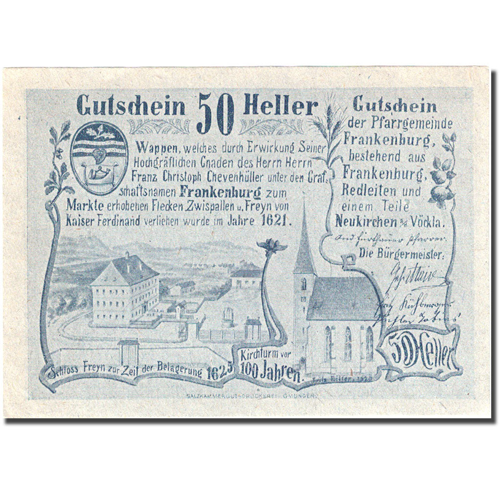 Banconote, Austria, Frankenburg, 50 Heller, Monument, 1920 SPL  Mehl:FS 207b