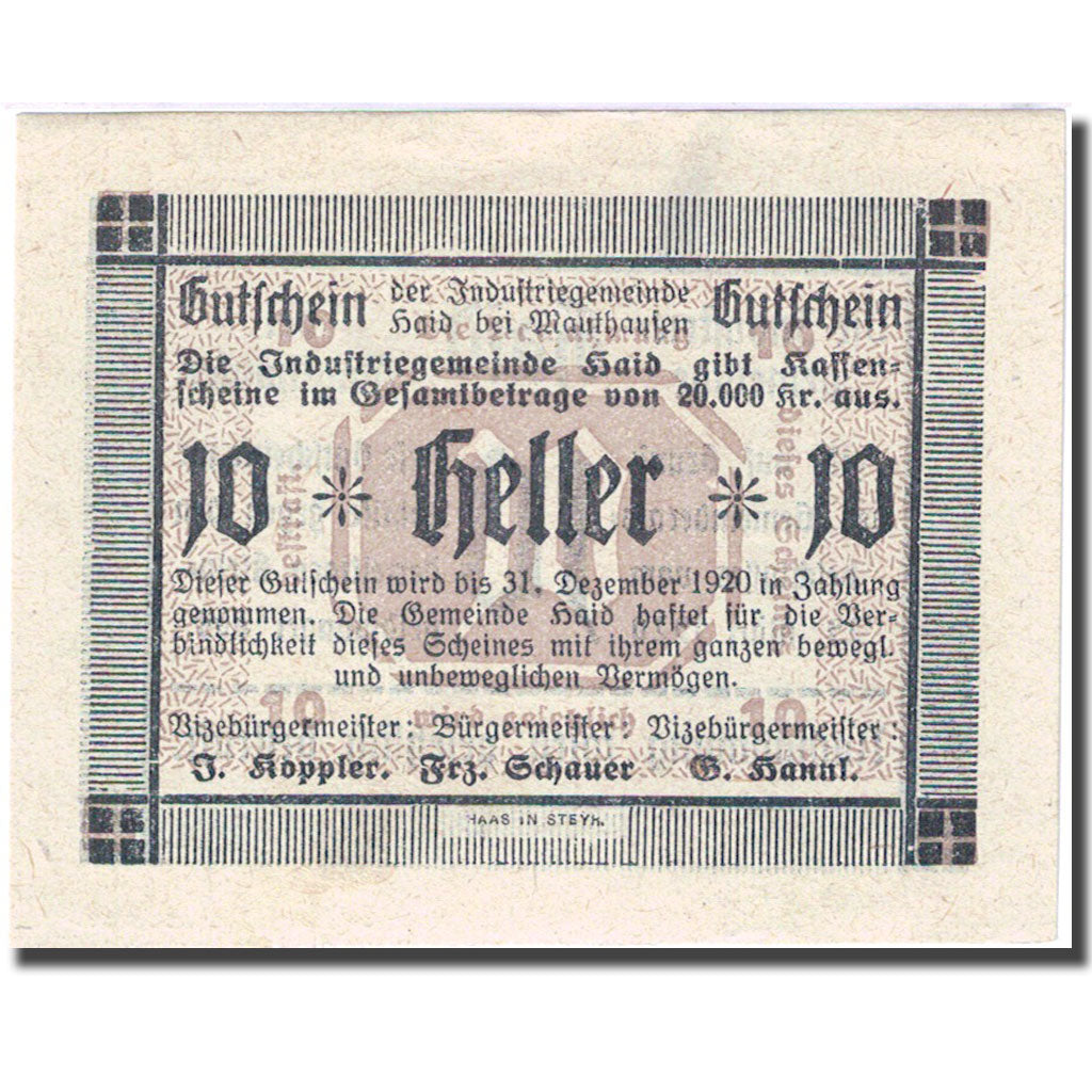 Geldschein, Österreich, Mauthausen, 10 Heller 1920 UNZ Mehl: FS 334Ia