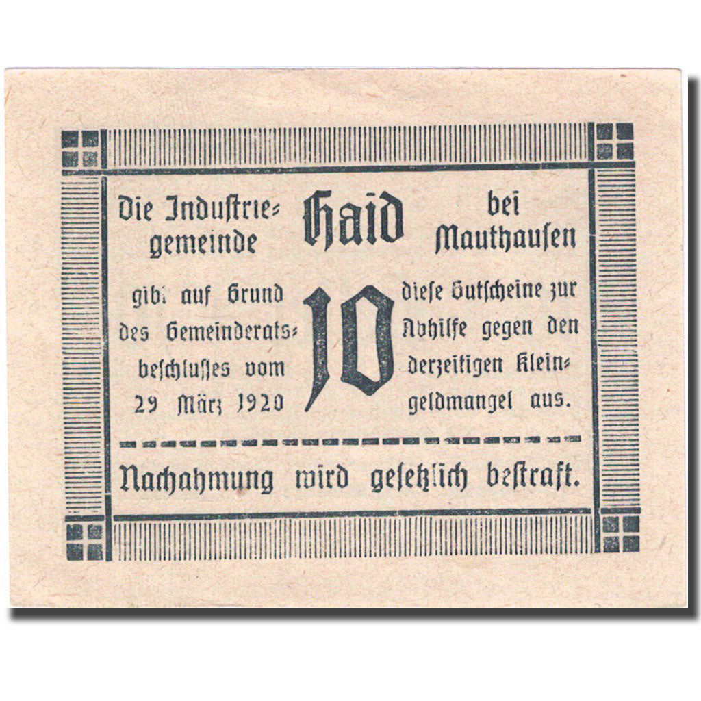 Geldschein, Österreich, Mauthausen, 10 Heller 1920 UNZ Mehl: FS 334Ia