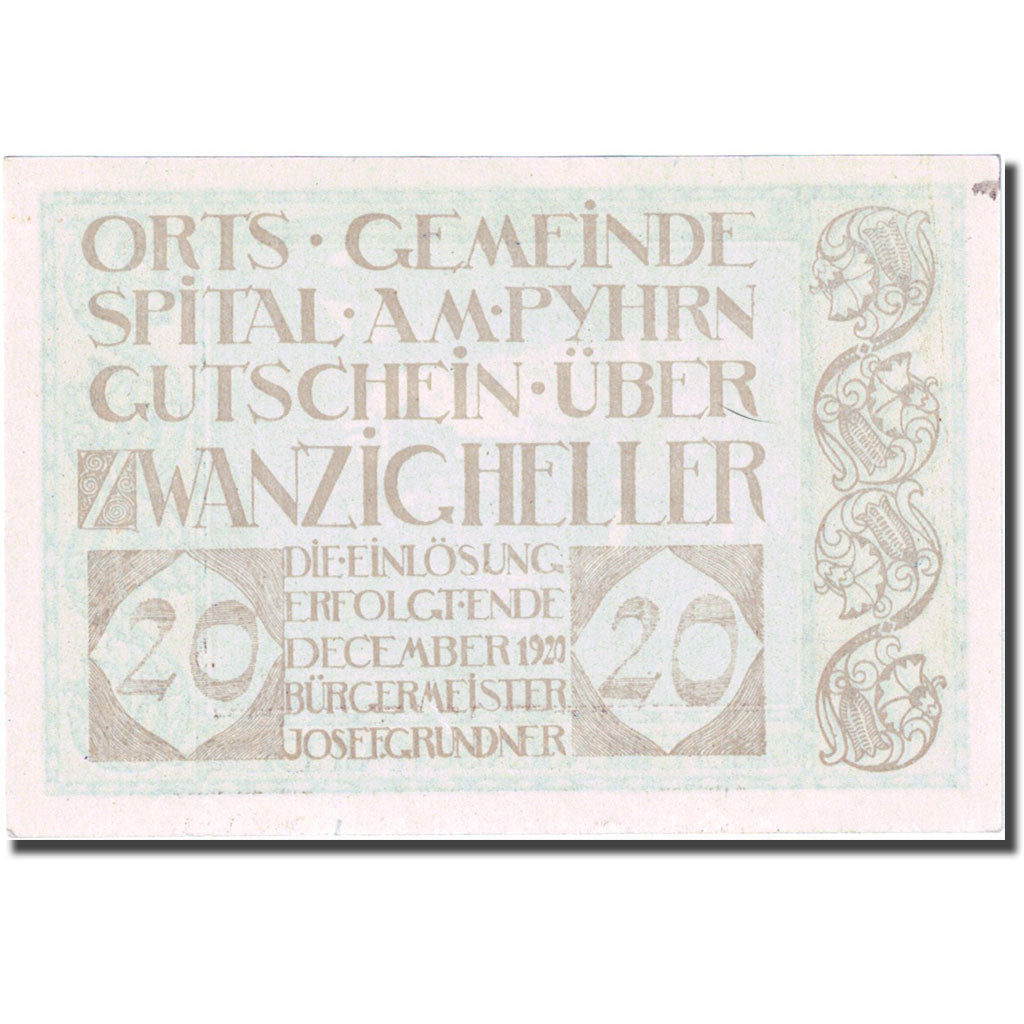 Banconote, Austria, Spital, 20 Heller, personnage, 1920 SPL Mehl:FS 1007IIb