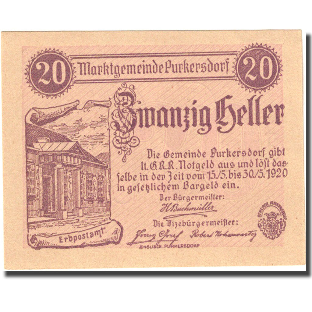 Banconote, Austria, Purkersdorf, 20 Heller, Monument, 1920 SPL red Mehl:FS 801b