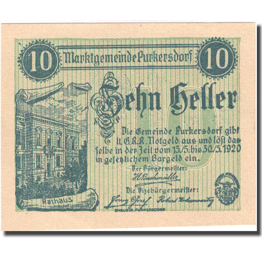 Banconote, Austria, Purkersdorf, 10 Heller, Monument 1920 SPL green Mehl:FS 801a